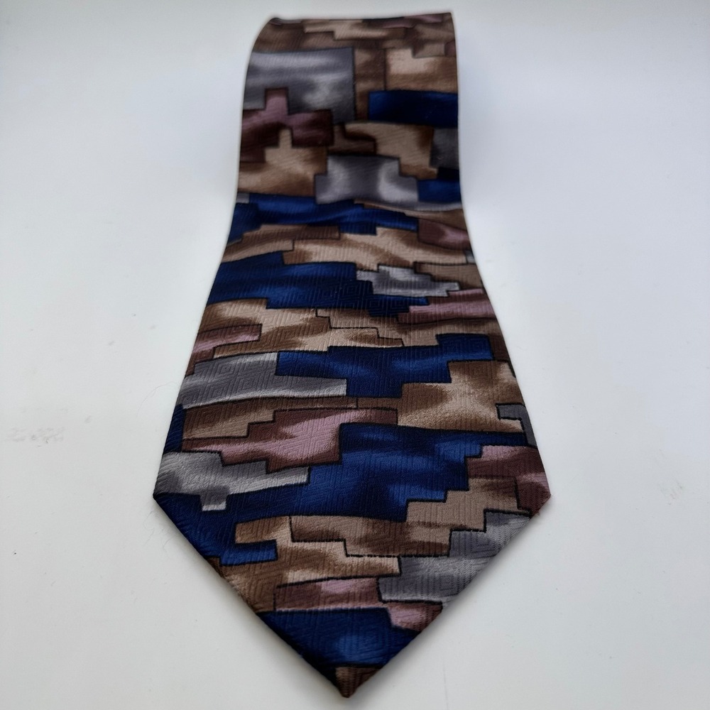 Fratello Necktie Blue Brown Abstract Geometric Pattern Silk Blend Tie - Picture 2 of 12